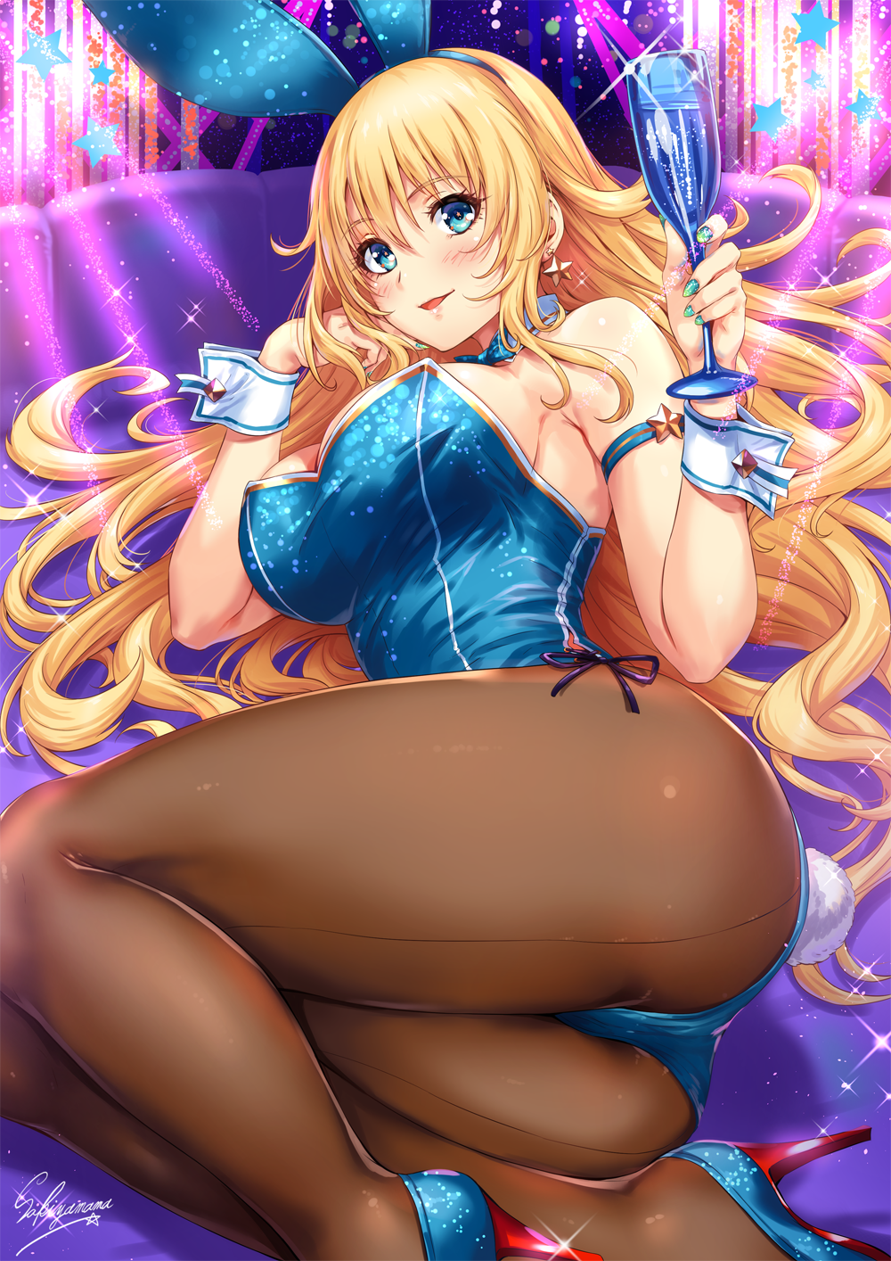 1girl, adapted_costume, animal_ears, artist_name, ass, atago_(kantai_collection), blonde_hair, blue_eyes