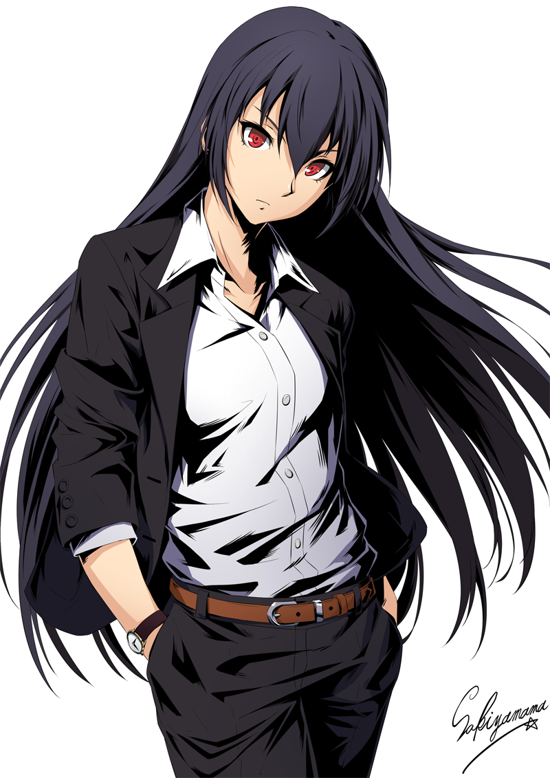 1girl, alternate_costume, artist_name, belt, black_hair, breasts, casual, closed_mouth, commentary_request, contemporary, english_text, expressionless, hair_between_eyes, hands_in_pockets, head_tilt, jersey, kantai_collection, long_hair, long_sleeves, looking_at_viewer, nagato_(kantai_collection), no_choker, no_headgear, open_collar, pants, red_eyes, sakiyamama, shadow, shirt, sidelocks, simple_background, small_breasts, solo, watch, white_background, white_shirt, wind, wind_lift