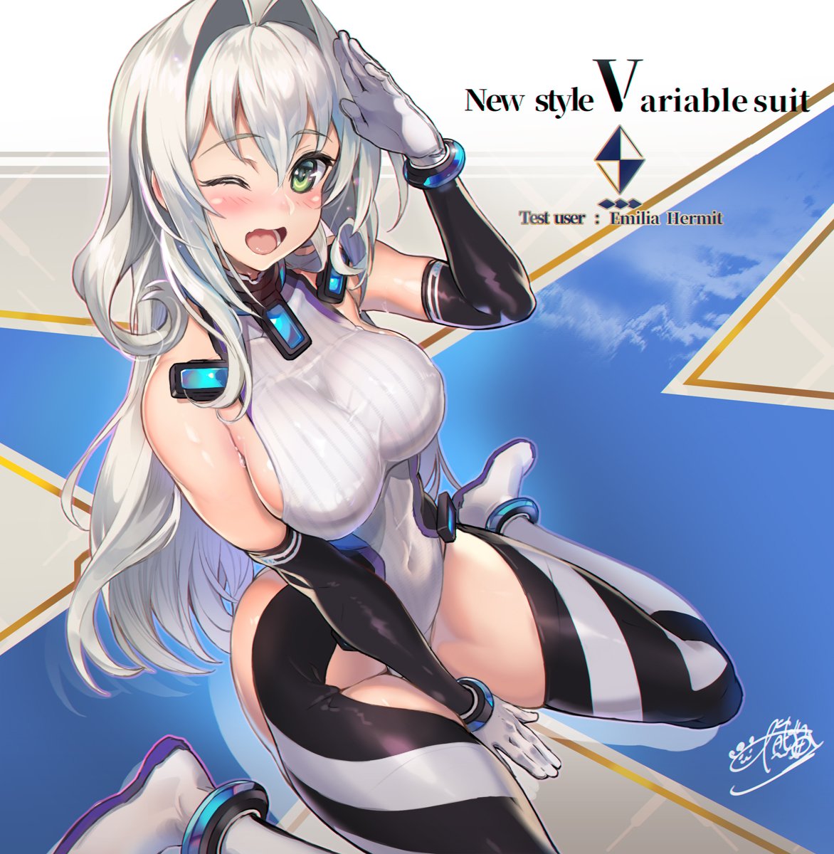 1girl, bare_shoulders, breasts, covered_navel, elbow_gloves, emilia_hermit, erect_nipples, gloves