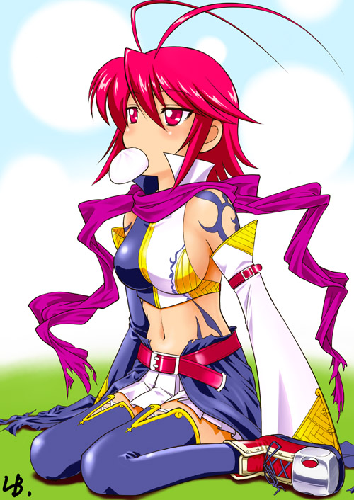 bangs, belt, blue_legwear, blush, breasts, cloud, crop_top, detached_sleeves