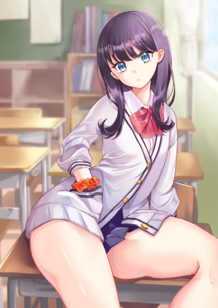 1girl, blue_eyes, bow, bowtie, cardigan, classroom, closed_mouth, commentary_request