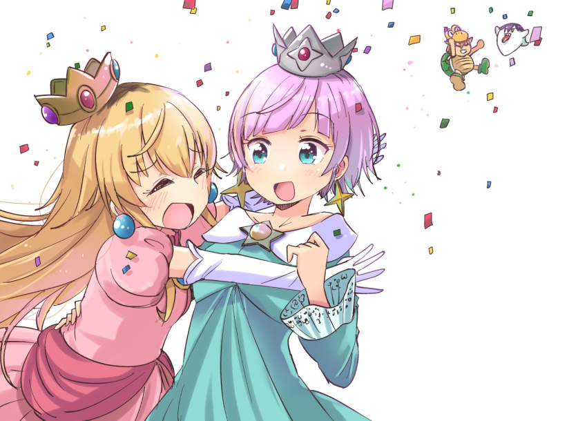 2boys, 2girls, blonde_hair, blue_eyes, boo, boo_(cosplay), cosplay, crown, dress, earrings, elbow_gloves, fushimi_gaku, ghost, gloves, ienaga_mugi, jewelry, kenmochi_touya, koopa_troopa, koopa_troopa_(cosplay), long_hair, luigi's_mansion, super_mario_bros., multiple_boys, multiple_girls, new_super_mario_bros._u_deluxe, nijisanji, nintendo, pink_hair, princess_king_boo, princess_king_boo_(cosplay), princess_peach, princess_peach_(cosplay), sharp_teeth, short_hair, smile, tagme, teeth, turtle_shell, ueshita, virtual_youtuber, white_background, yuuhi_riri