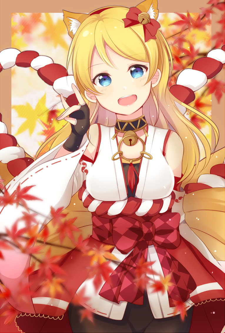 1girl, alternate_costume, alternate_hairstyle, animal_ears, ayase_eli, bell, bell_choker, black_gloves