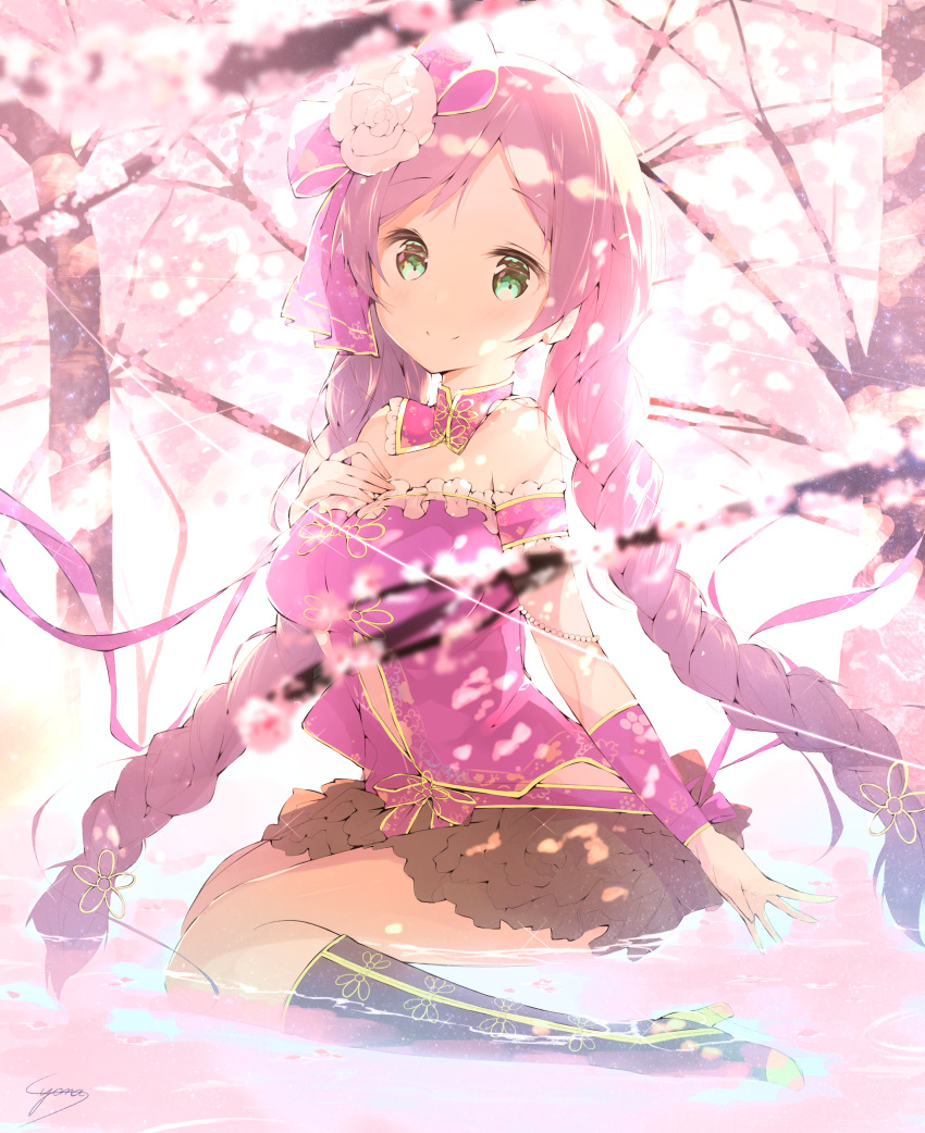 1girl, absurdres, bare_legs, boots, braid, branch, breasts, cherry_blossoms