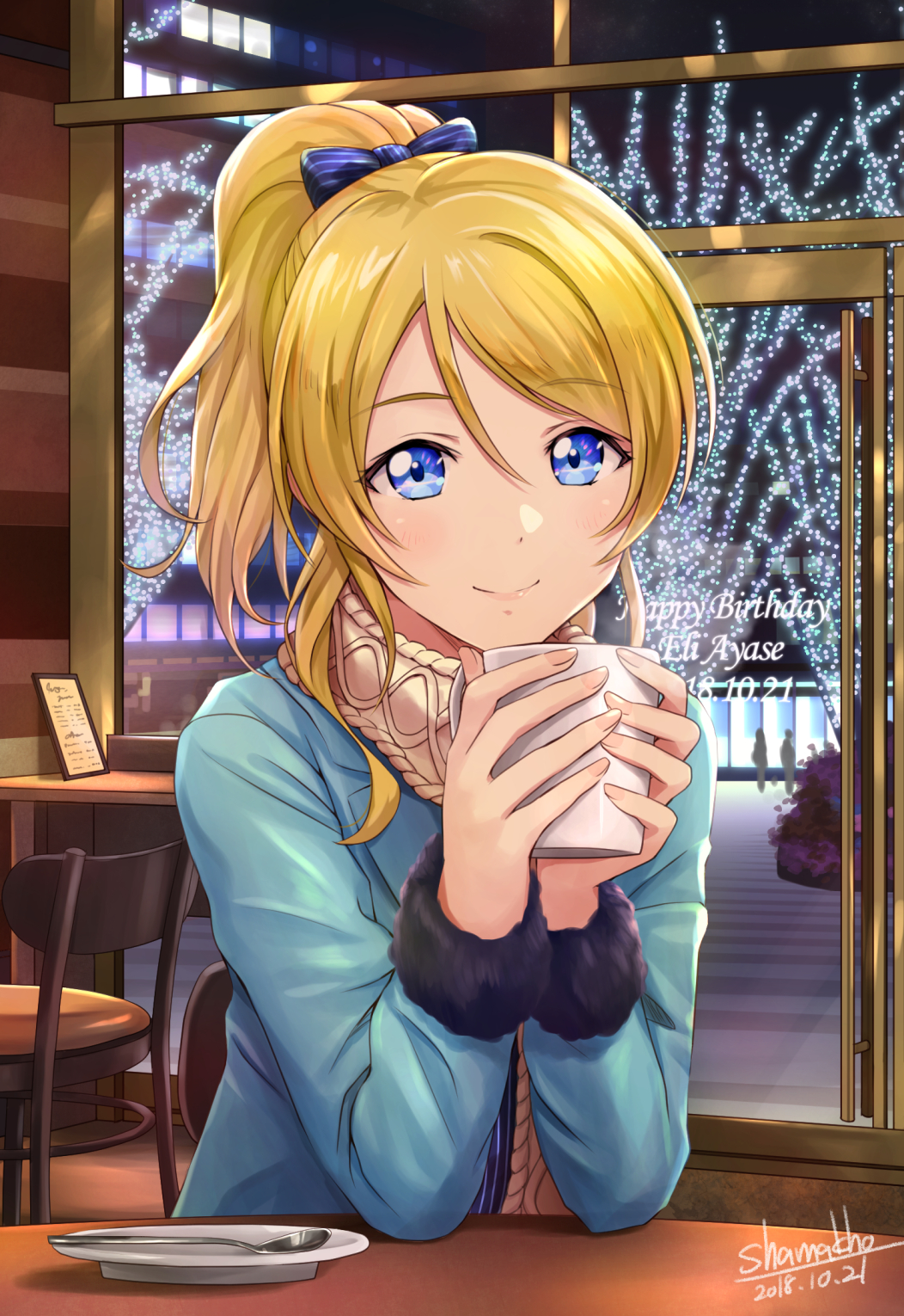 1girl, 2018, artist_name, ayase_eli, beige_scarf, blonde_hair, blue_bow, blue_eyes