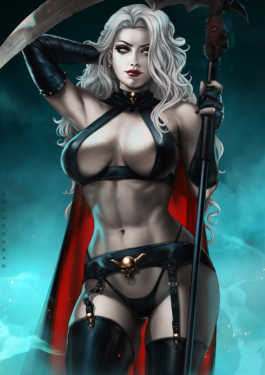 1girl, adjusting_hair, bikini, black_nails, blank_eyes, breasts, chaos!_comics, cleavage, commentary, copyright_request, dandon_fuga, demon, earrings, elbow_gloves, english_commentary, facing_viewer, garter_straps, gloves, highres, holding, holding_scythe, holding_weapon, jewelry, lady_death, large_breasts, long_hair, looking_at_viewer, muscle, nail_polish, navel, pale_skin, partly_fingerless_gloves, pinup, red_lips, scythe, sideboob, skull, solo, spikes, standing, swimsuit, sword, thigh-highs, thighs, toned, undead, wavy_hair, weapon, white_hair, white_skin