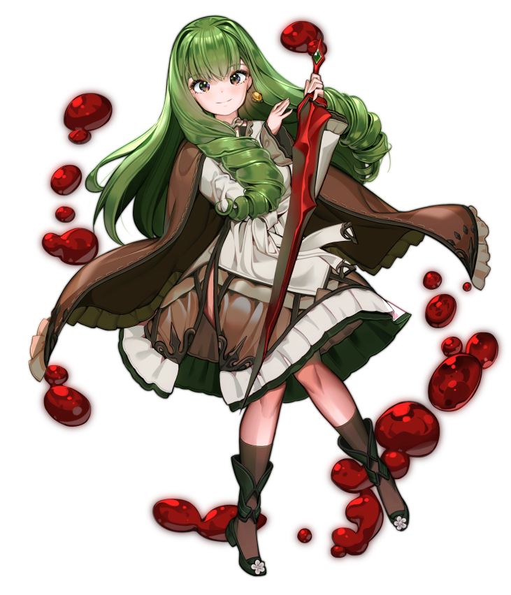 1girl, black_legwear, blush, brown_eyes, brown_skirt, chyanu, closed_mouth, drill_hair, eyebrows_visible_through_hair, full_body, green_hair, high_heels, holding, holding_sword, holding_weapon, long_hair, looking_at_viewer, original, skirt, smile, socks, solo, sword, twin_drills, very_long_hair, weapon
