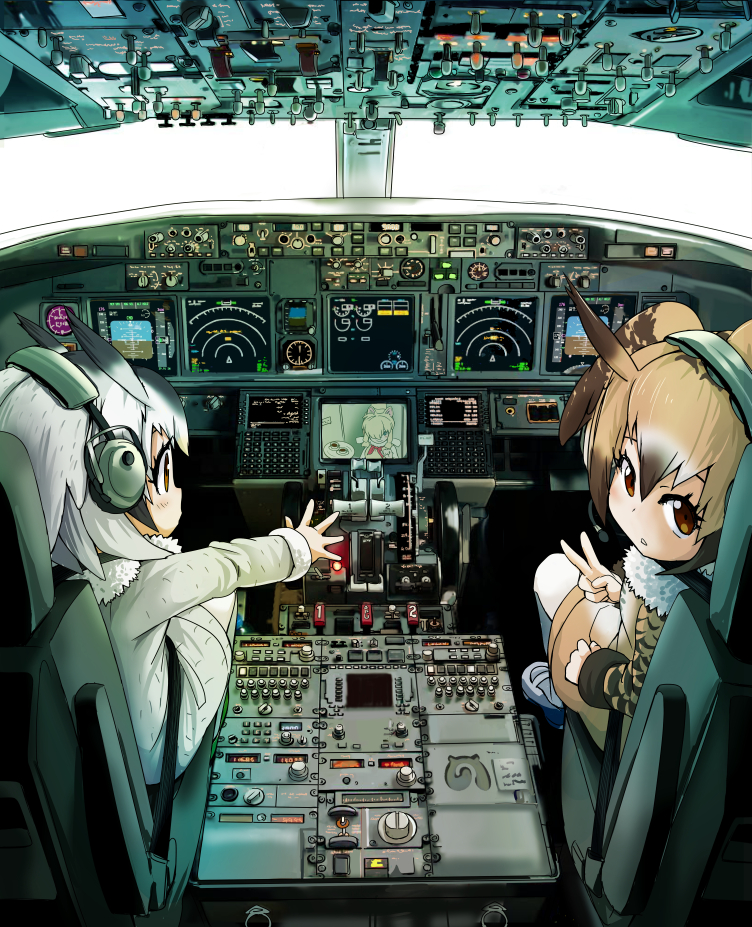 3girls, aircraft, airplane, alpaca_ears, alpaca_suri_(kemono_friends), animal_ears, bangs, bird_wings