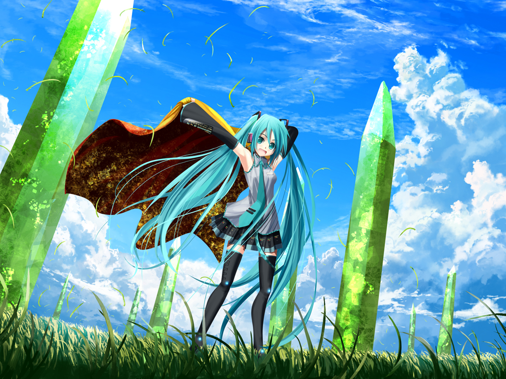 1024x768, aqua_hair, armpits, cloud, clouds, crystal, detached_sleeves, grass