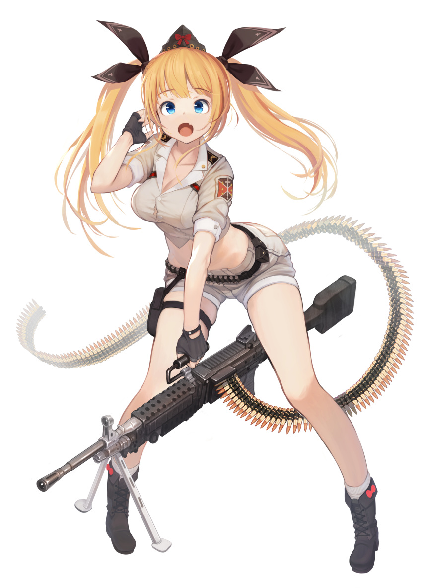1girl, absurdres, ammunition_belt, arm_up, belt, black_gloves, blonde_hair, blue_eyes