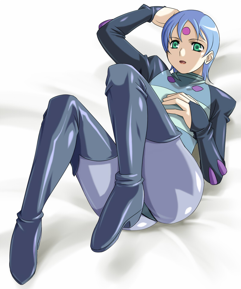 (^_^)_(pixiv198858), blue_hair, bodysuit, boots, green_eyes, lipstick, lying, muhi11234