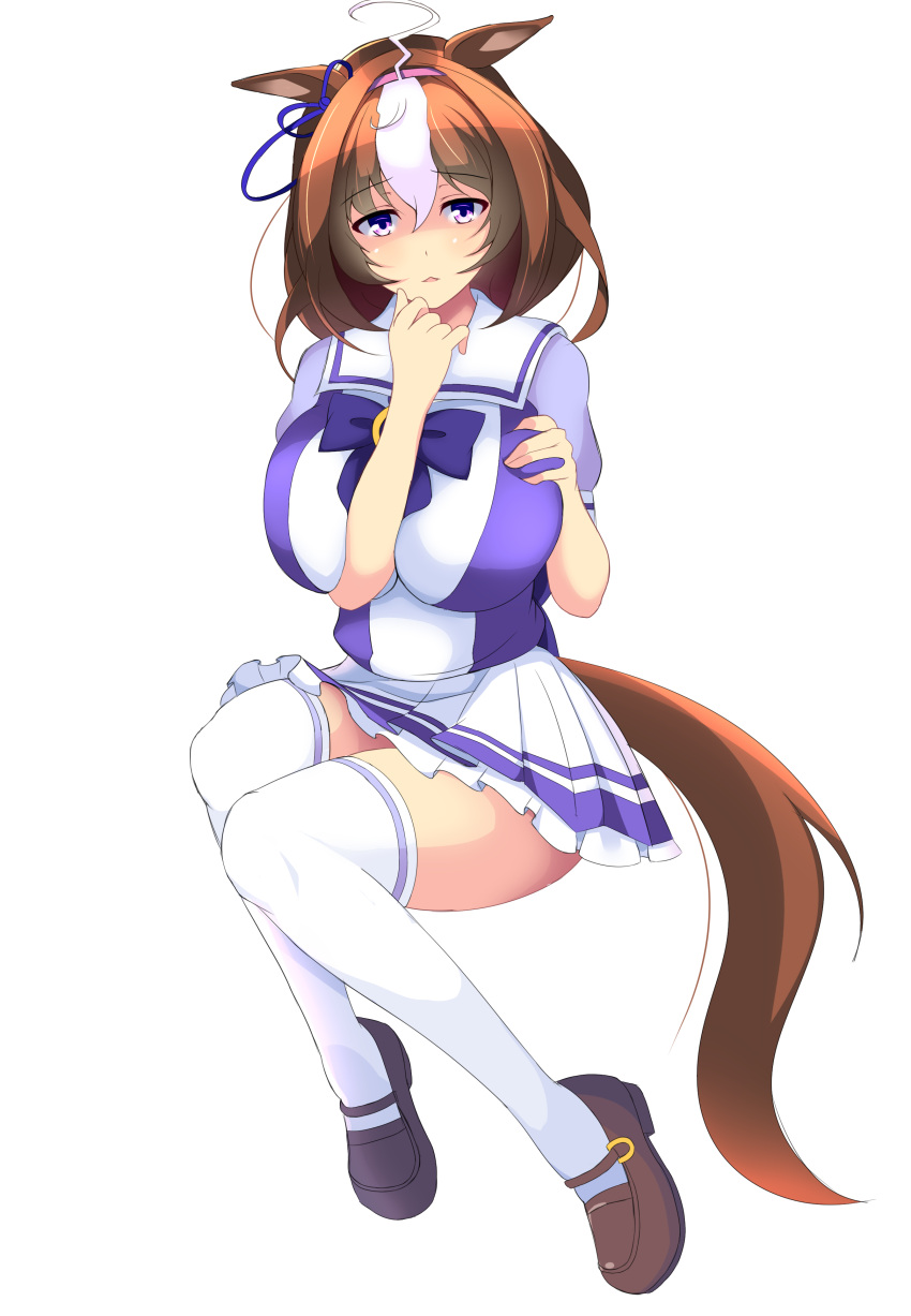 1girl, absurdres, ahoge, alternate_breast_size, animal_ears, black_footwear, blue_ribbon, bow
