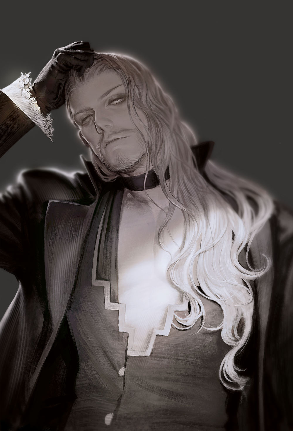1boy, baharux, beard, black_gloves, collar, commentary_request, facial_hair, fate/apocrypha