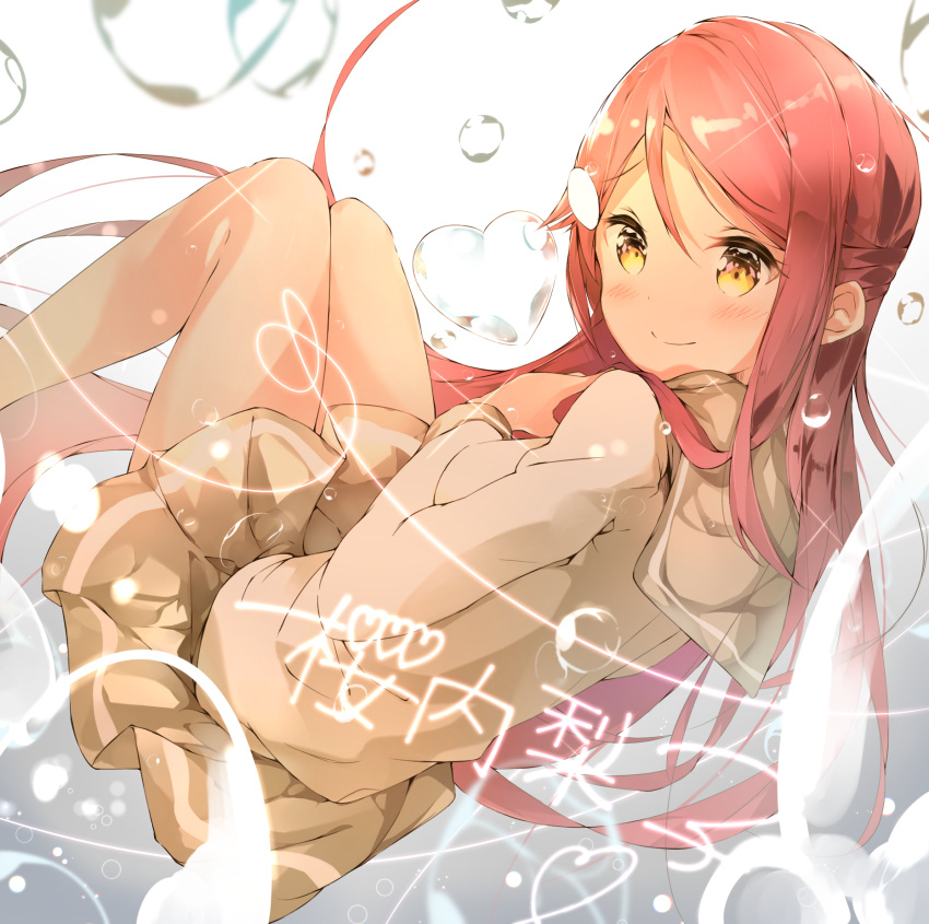 1girl, bare_legs, blush, bubble, hair_ornament, hairclip, half_updo, heart
