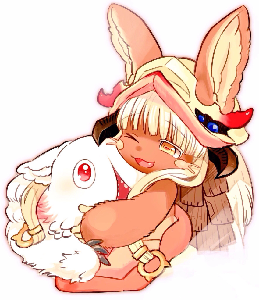 1girl, ;3, ;d, animal_ears, bangs, colored_eyelashes, eyebrows_visible_through_hair, fang, fur, furry, highres, horizontal_pupils, hug, long_hair, long_sleeves, looking_at_another, made_in_abyss, mitty_(made_in_abyss), nanachi_(made_in_abyss), one_eye_closed, open_mouth, rabbit_ears, satokichi, simple_background, smile, whiskers, white_background, white_hair