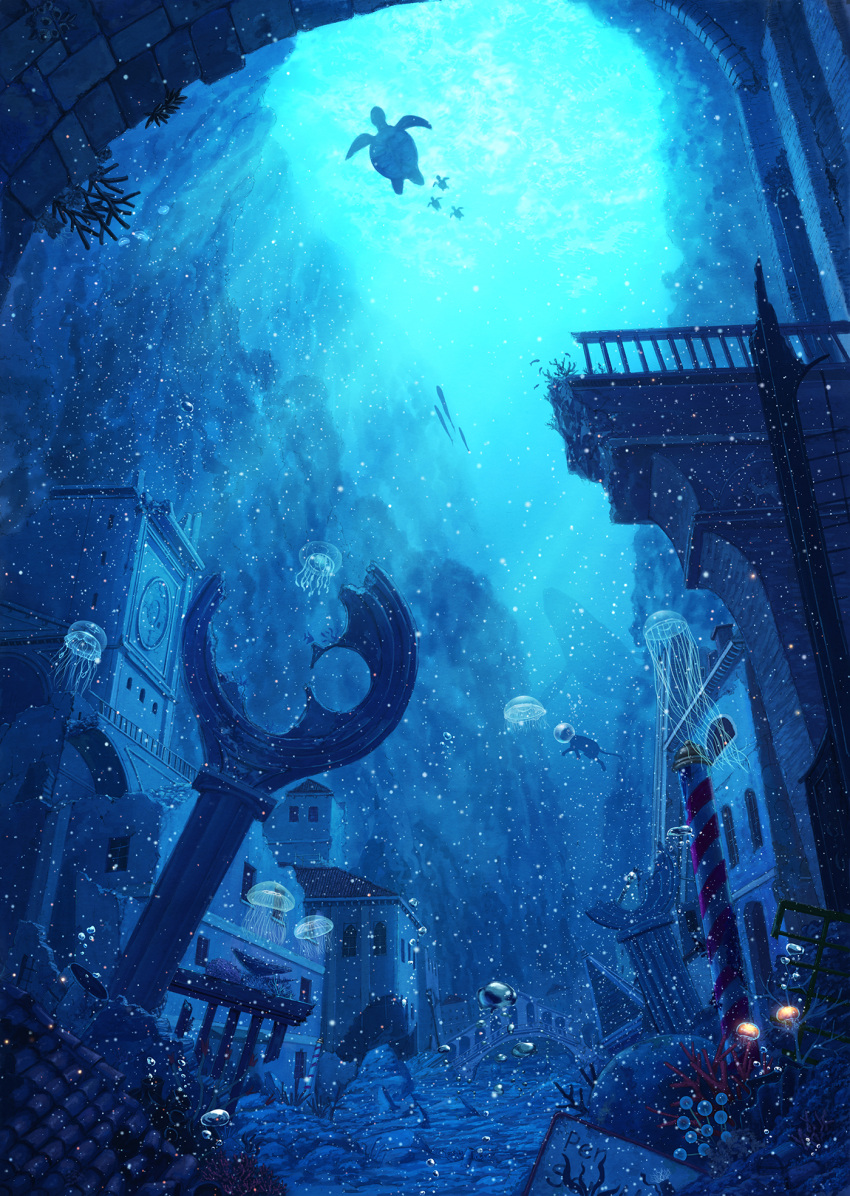 blue, bridge, bubble, coral, day, fish, highres, jellyfish