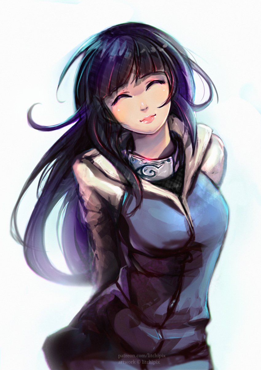 1girl, ^_^, arms_behind_back, bangs, black_hair, blunt_bangs, breasts, closed_eyes