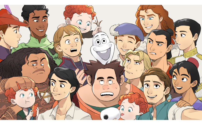 6+boys, aladdin_(character), aladdin_(disney), beast_(disney), beauty_and_the_beast, black_hair, blonde_hair, brave_(pixar), brown_hair, carrot, child, curly_hair, dark_skin, dark_skinned_male, disney, eric_(disney), florian_(disney), flynn_rider, frozen_(disney), full_body_tattoo, green_eyes, grey_background, hamish_(brave), harris_(brave), hat, hubert_(brave), jewelry, kristoff_(frozen), li_shang_(disney), licking, long_hair, looking_at_another, looking_up, male_focus, maui_(disney), moana_(movie), multiple_boys, naveen, necklace, olaf_(frozen), overalls, pano_(mohayayamai), phillip_(disney), phoebus, prince_charming_(disney), redhead, self_shot, simple_background, sleeping_beauty, snow_white_and_the_seven_dwarfs, snowman, surprised, sweatdrop, tangled, tattoo, the_hunchback_of_notre_dame, the_little_mermaid, the_princess_and_the_frog, topknot, triplets, vest, wreck-it_ralph, wreck-it_ralph_(character)