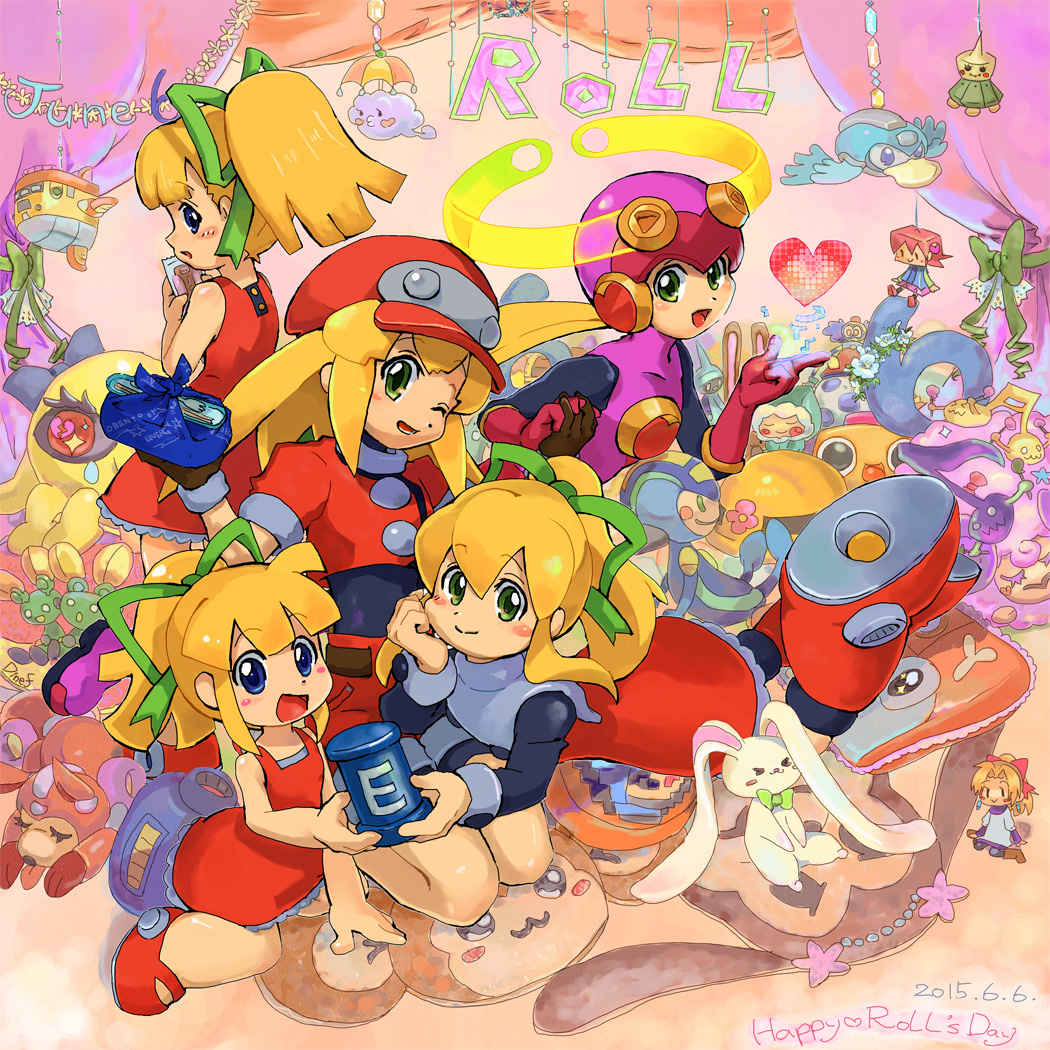 5girls, bangs, blonde_hair, blunt_bangs, blush, bodysuit, bow, breasts, cabbie_hat, capcom, child, closed_mouth, commentary_request, dinef, dress, flutter, gloves, green_bow, green_eyes, green_ribbon, hair_bow, hat, helmet, high_ponytail, jacket, kobun, leotard, long_hair, multiple_girls, multiple_persona, netnavi, open_mouth, pink_bodysuit, reaverbot, ribbon, rockman, rockman_(classic), rockman_dash, roll, roll_caskett, yellow_devil