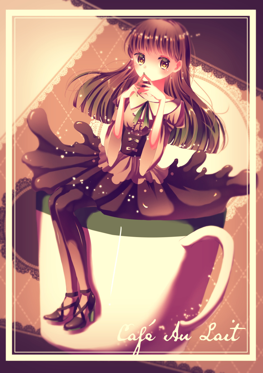 1girl, brown_dress, brown_eyes, brown_hair, brown_legwear, cafe_au_lait, chiru_da, cup, dress, food_themed_clothes, hands_up, high_heels, highres, long_hair, looking_at_viewer, mug, original, pantyhose, personification, puffy_sleeves, sitting, wide_sleeves