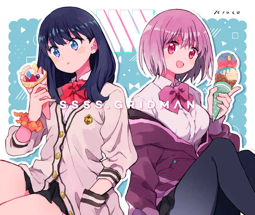 2girls, black_hair, black_skirt, blue_eyes, food, highres, ice_cream, jacket, ki_on, long_hair, long_sleeves, multiple_girls, off_shoulder, purple_jacket, red_eyes, school_uniform, scrunchie, shinjou_akane, shirt, skirt, ssss.gridman, takarada_rikka, wrist_scrunchie