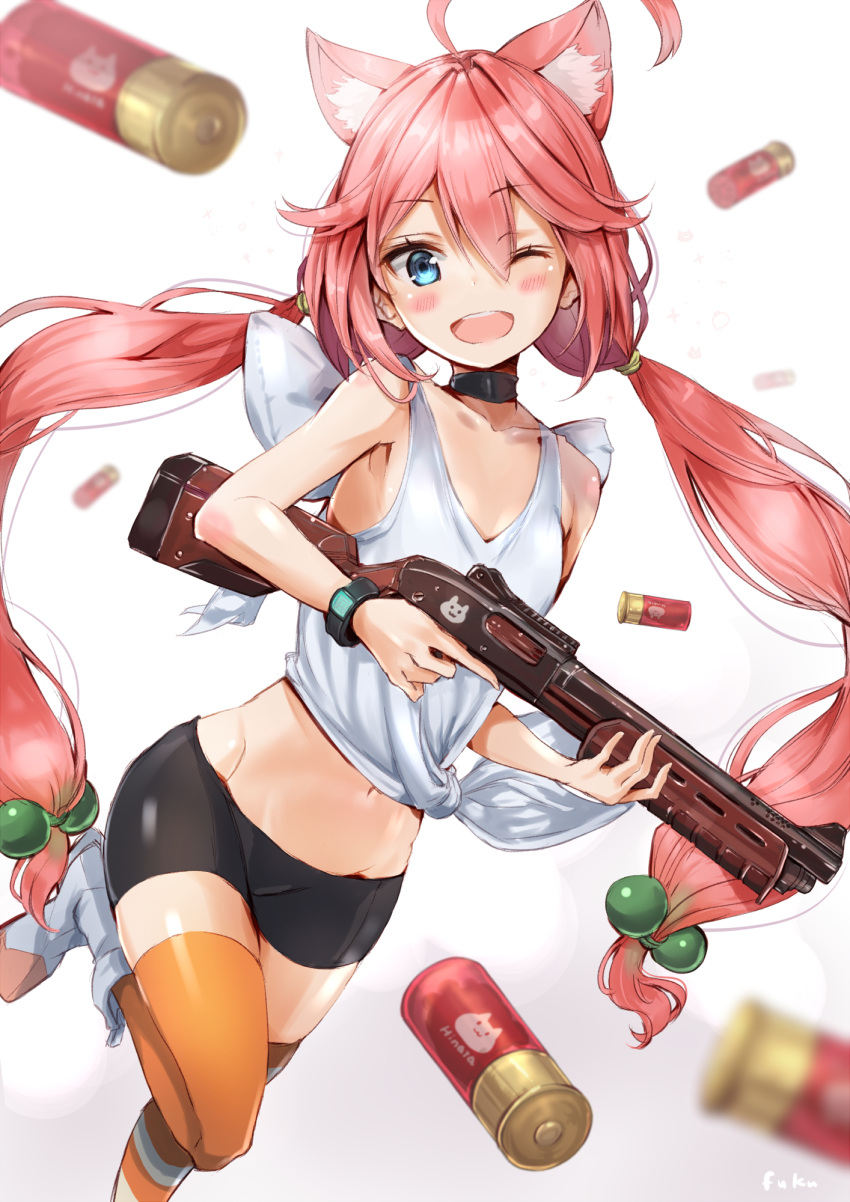 1girl, ;d, ahoge, animal_ears, bike_shorts, black_choker, black_shorts, blue_eyes, bullet, cat_ears, choker, commentary_request, eyebrows_visible_through_hair, fuku_kitsune_(fuku_fox), gun, hair_bobbles, hair_ornament, highres, hinata_channel, holding, holding_gun, holding_weapon, long_hair, looking_at_viewer, low_twintails, midriff, mismatched_legwear, navel, nekomiya_hinata, one_eye_closed, open_mouth, orange_legwear, pink_hair, shorts, shotgun, smile, solo, striped, striped_legwear, tank_top, thigh-highs, twintails, virtual_youtuber, weapon, white_background, white_tank_top