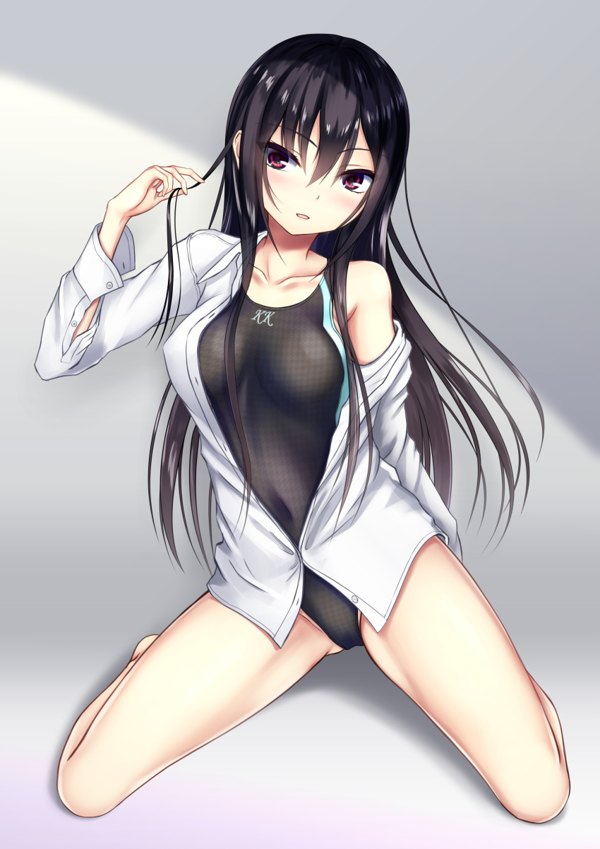 1girl, absurdres, black_hair, black_swimsuit, collarbone, commentary_request, competition_swimsuit, dress_shirt, grey_background, highres, kurokami_(kurokaminohito), kurono_mika, long_hair, looking_at_viewer, one-piece_swimsuit, open_clothes, open_shirt, original, red_eyes, shirt, sitting, solo, swimsuit, wariza, white_shirt