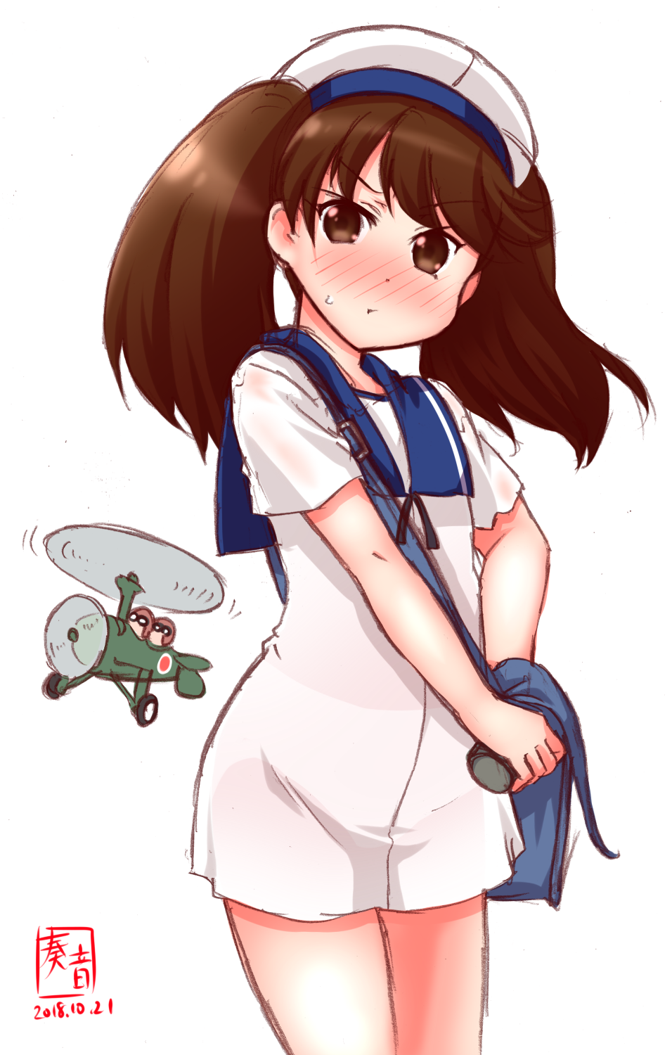 1girl, aircraft, artist_logo, bag, blue_sailor_collar, blush, brown_eyes, brown_hair