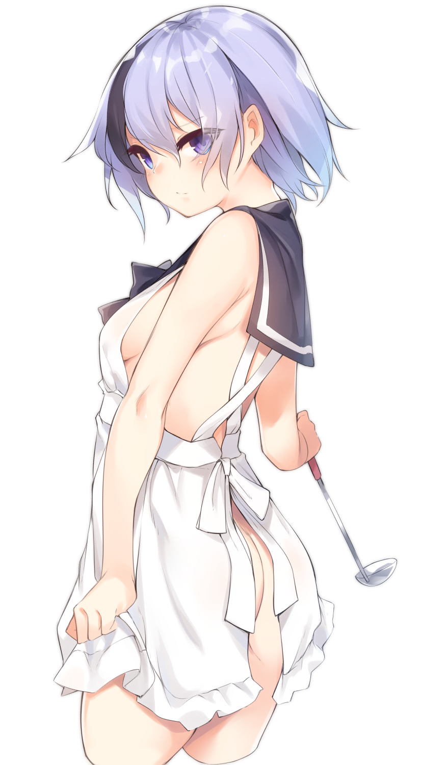 1girl, apron, ass, bangs, bare_arms, bare_shoulders, black_hair, black_sailor_collar