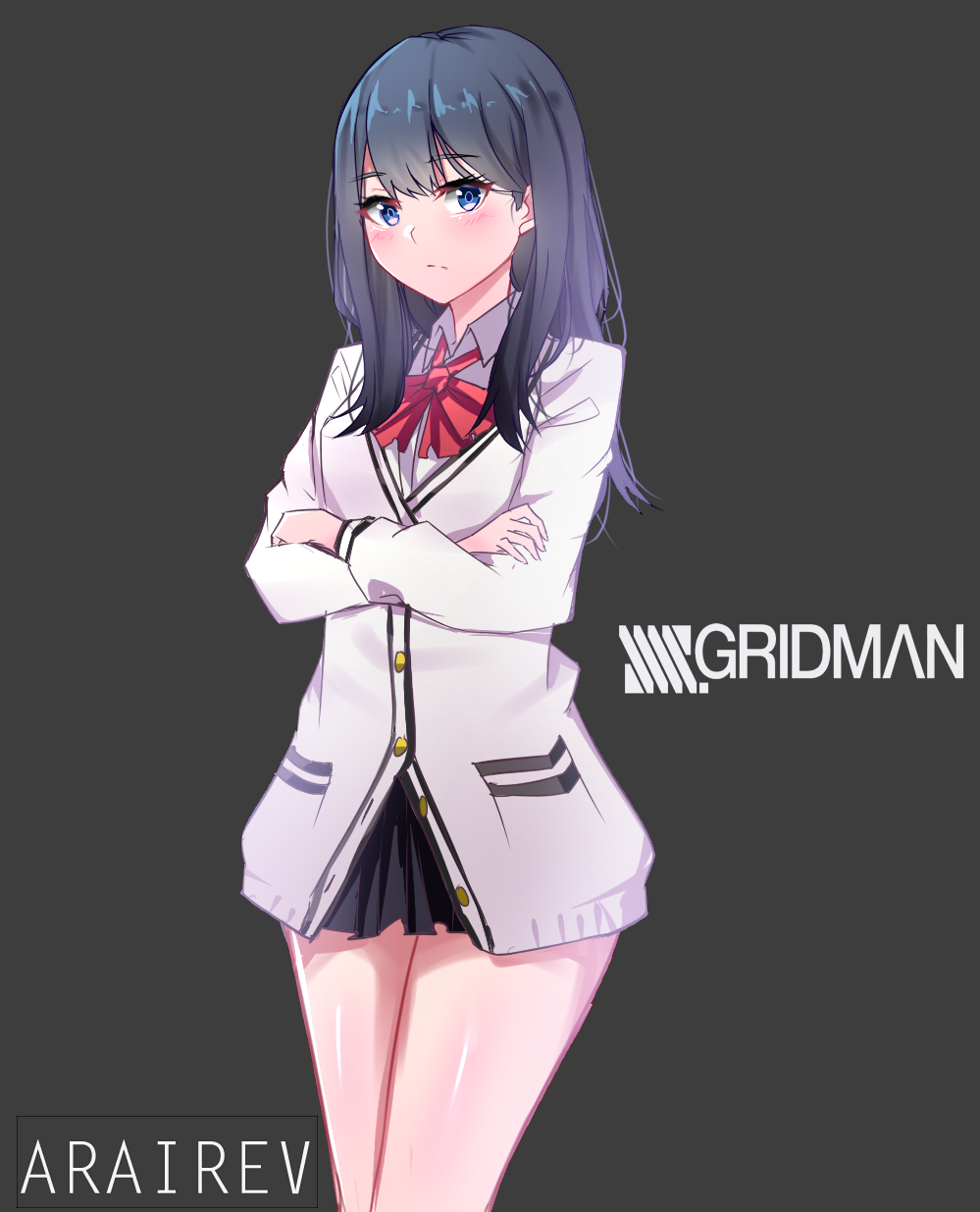1girl, arairev, black_hair, blue_eyes, bow, crossed_arms, eyebrows_visible_through_hair, highres
