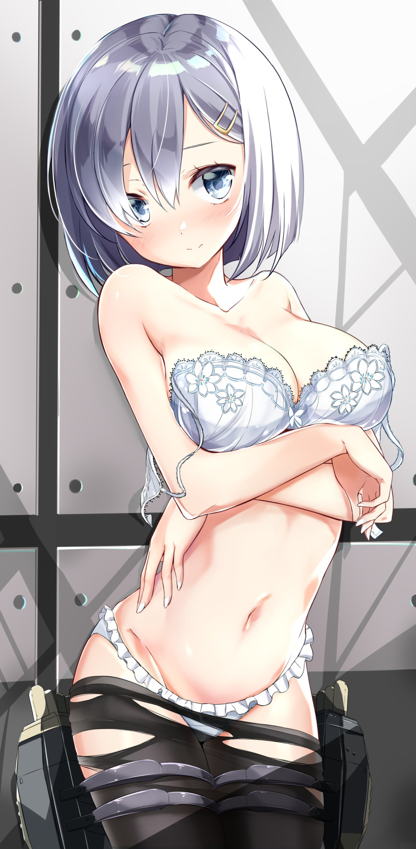 1girl, absurdres, bangs, black_legwear, blue_eyes, blush, bra, breast_hold