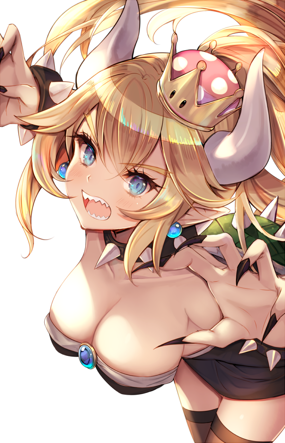 1girl, aoi_(kirabosi105), black_nails, blonde_hair, blue_earrings, blue_eyes, bowsette, bracelet