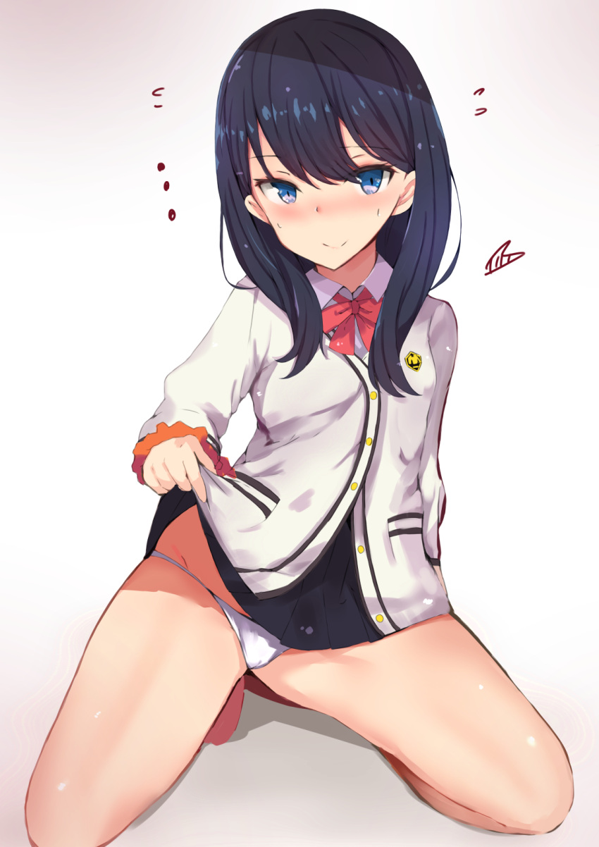 1girl, black_hair, blue_eyes, blush, bow, bowtie, cardigan, closed_mouth