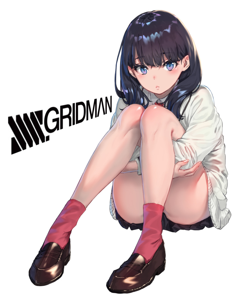 1girl, black_hair, blue_eyes, cardigan, closed_mouth, commentary_request, copybird, eyebrows_visible_through_hair, highres, legs, long_sleeves, looking_at_viewer, rolua, short_hair, simple_background, sitting, socks, solo, ssss.gridman, takarada_rikka, white_background, white_cardigan