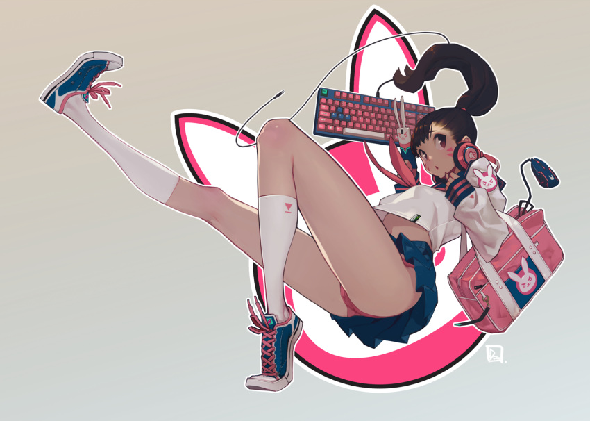 1girl, artist_logo, bag, blue_footwear, blue_skirt, brown_eyes, brown_hair, bunny_symbol, crop_top, d.va_(overwatch), duto, facepaint, full_body, gradient, gradient_background, grey_background, holding, holding_phone, keyboard, kneehighs, long_hair, long_sleeves, looking_at_viewer, navel, neckerchief, overwatch, panties, phone, pink_neckwear, pink_panties, pleated_skirt, ponytail, shirt, shoes, shoulder_bag, skirt, sleeves_past_wrists, sneakers, solo, stomach, underwear, upskirt, whisker_markings, white_legwear, white_shirt