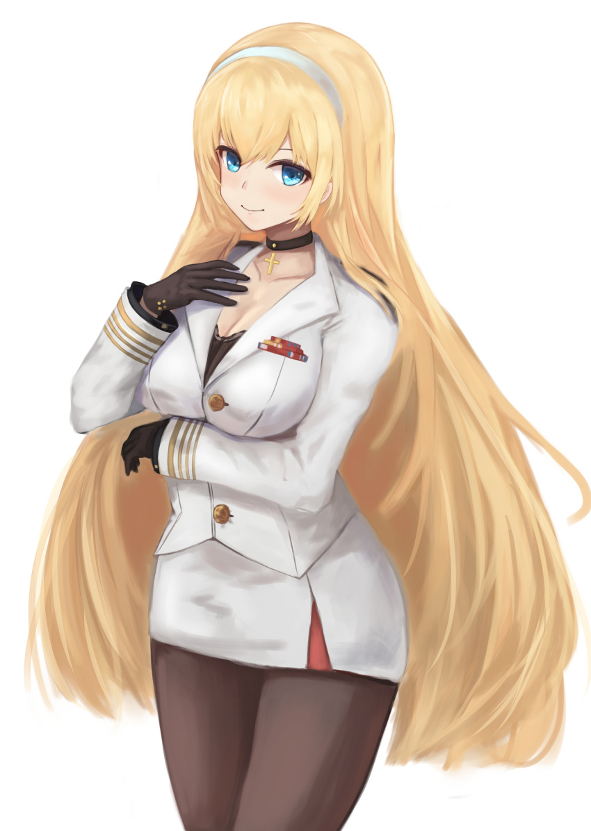1girl, absurdres, azur_lane, black_gloves, black_legwear, blonde_hair, blue_eyes, breasts