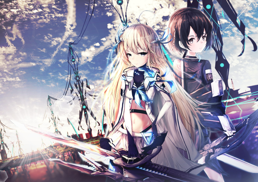 2girls, absurdres, back-to-back, belt, black_gloves, black_hair, blonde_hair, blue_sky