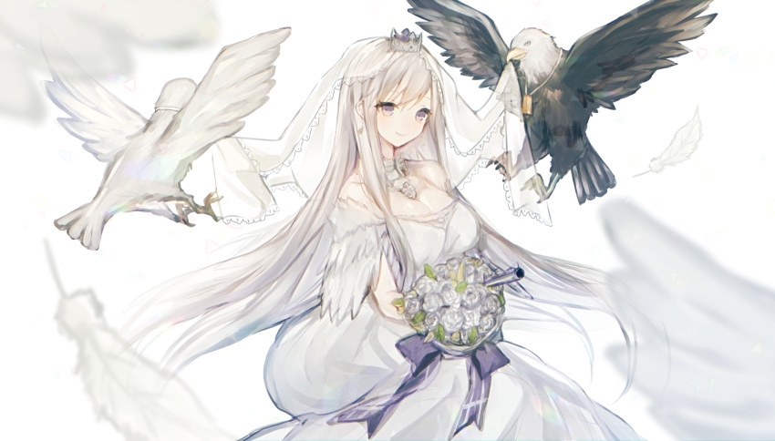 1girl, aircraft, airplane, azur_lane, bird, bouquet, breasts, bridal_veil