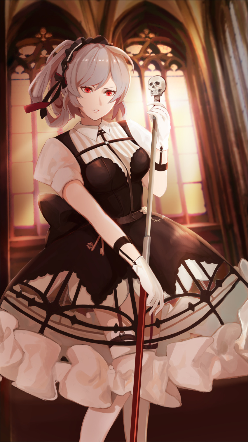 1girl, absurdres, black_dress, bow, dress, garter_straps, gloves, grey_hair