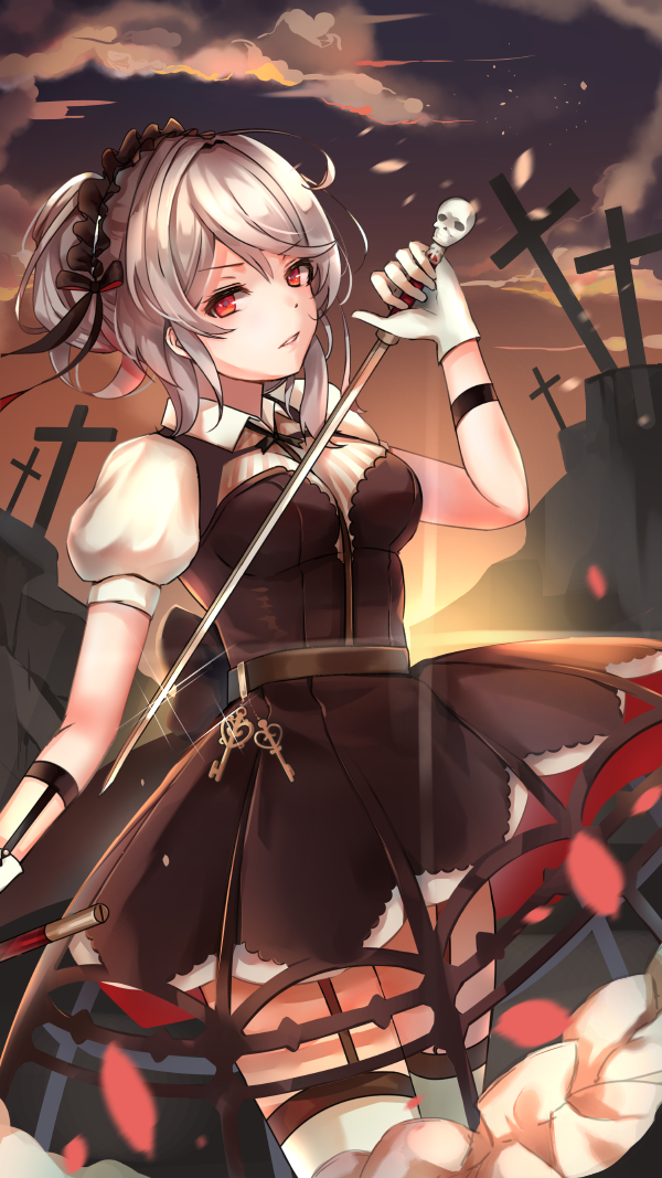 1girl, bangs, black_dress, bow, cross, dress, garter_straps, gloves