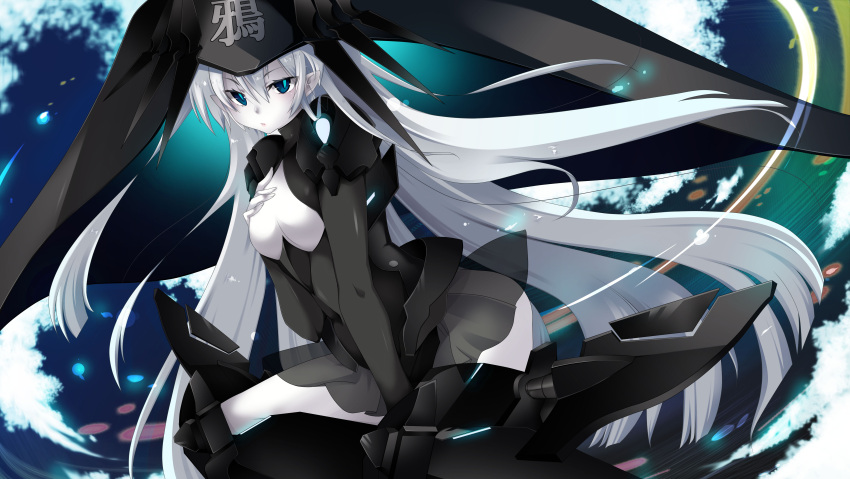 1girl, absurdres, black_dress, black_hat, black_legwear, blue_eyes, breasts, dress