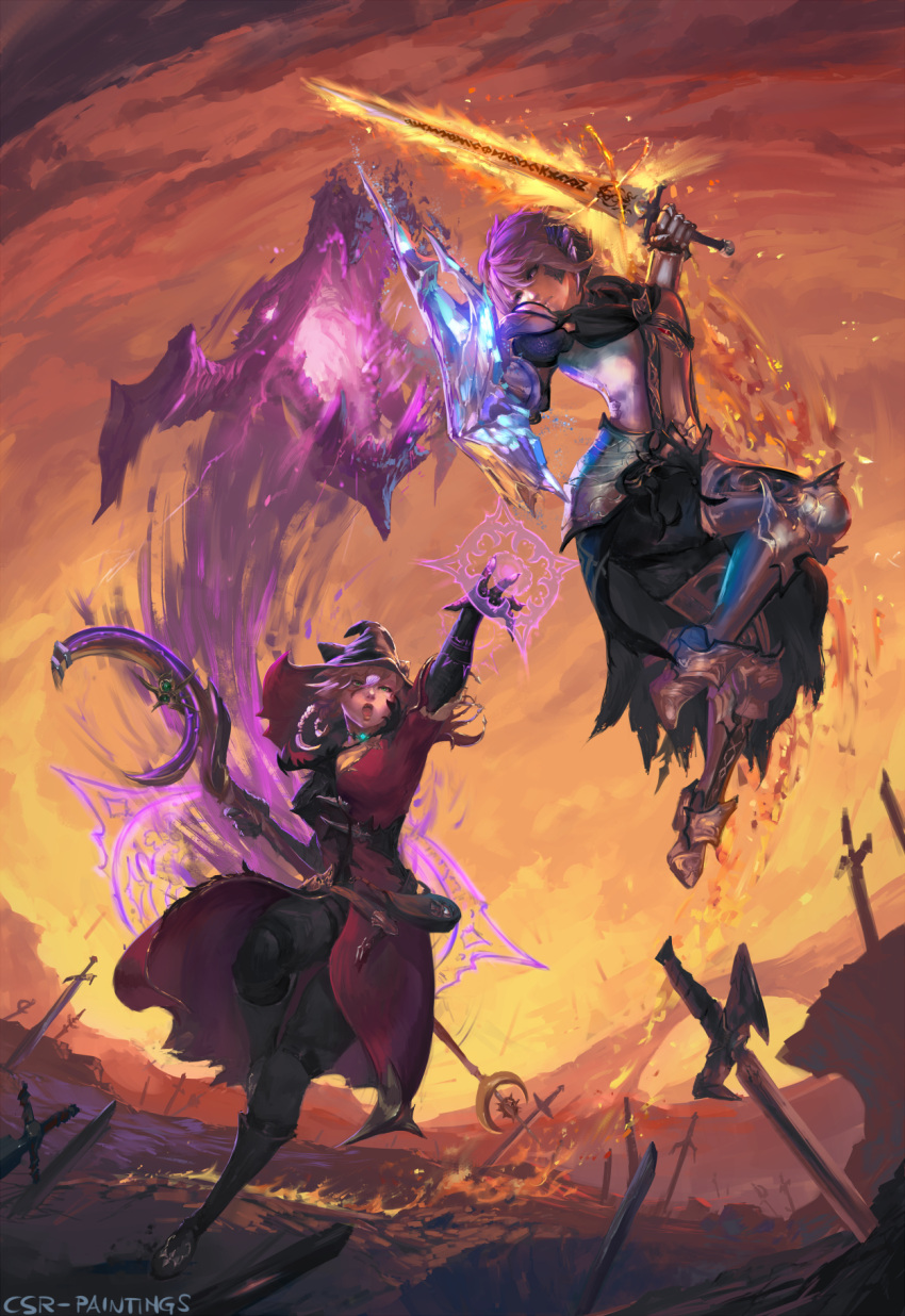 2girls, armor, aura, battle, breasts, cleavage, cutesexyrobutts, flaming_sword