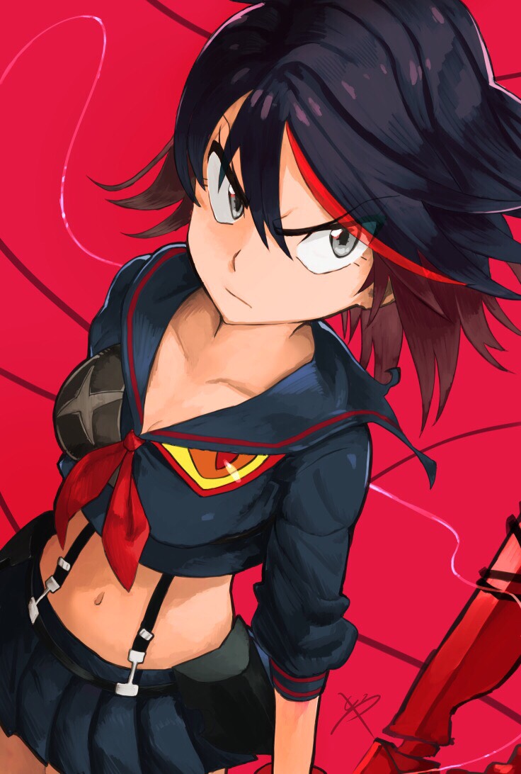 1girl, black_hair, breasts, cleavage, collarbone, glaring, grey_eyes, kill_la_kill, matoi_ryuuko, medium_breasts, midriff, multicolored_hair, navel, red_background, redhead, reeya, sailor_collar, school_uniform, scissor_blade, senketsu, short_hair, simple_background, skirt, solo, streaked_hair, suspender_skirt, suspenders