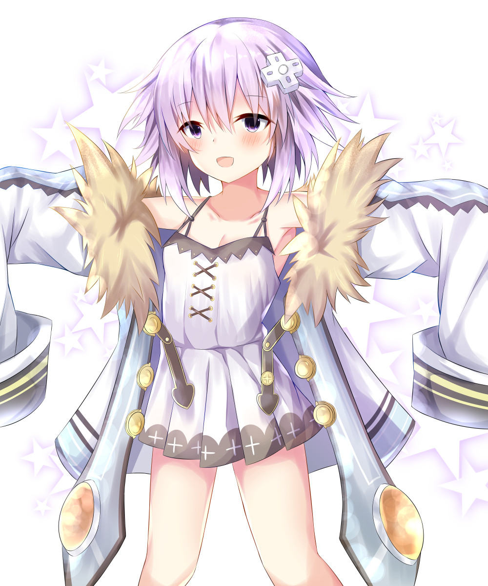 1girl, :d, bare_shoulders, blanc, blanc_(cosplay), blush, breasts, cleavage