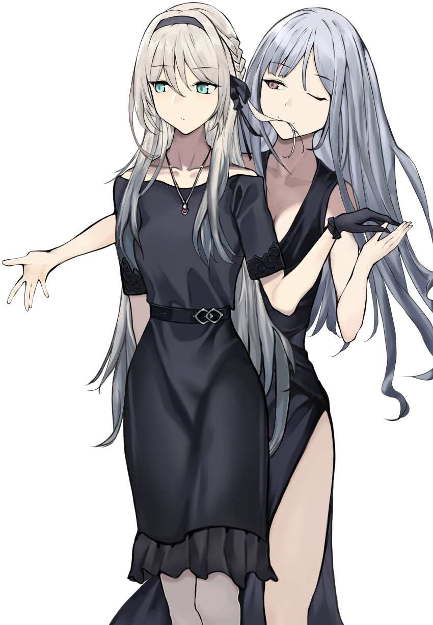2girls, absurdres, ak-12_(girls_frontline), alternate_costume, an-94_(girls_frontline), artist_request, biting_hair, black_dress, blue_eyes, dress, eyebrows_visible_through_hair, girls_frontline, gloves, hairband, hand_holding, highres, jewelry, multiple_girls, necklace, one_eye_closed, smile, yuri