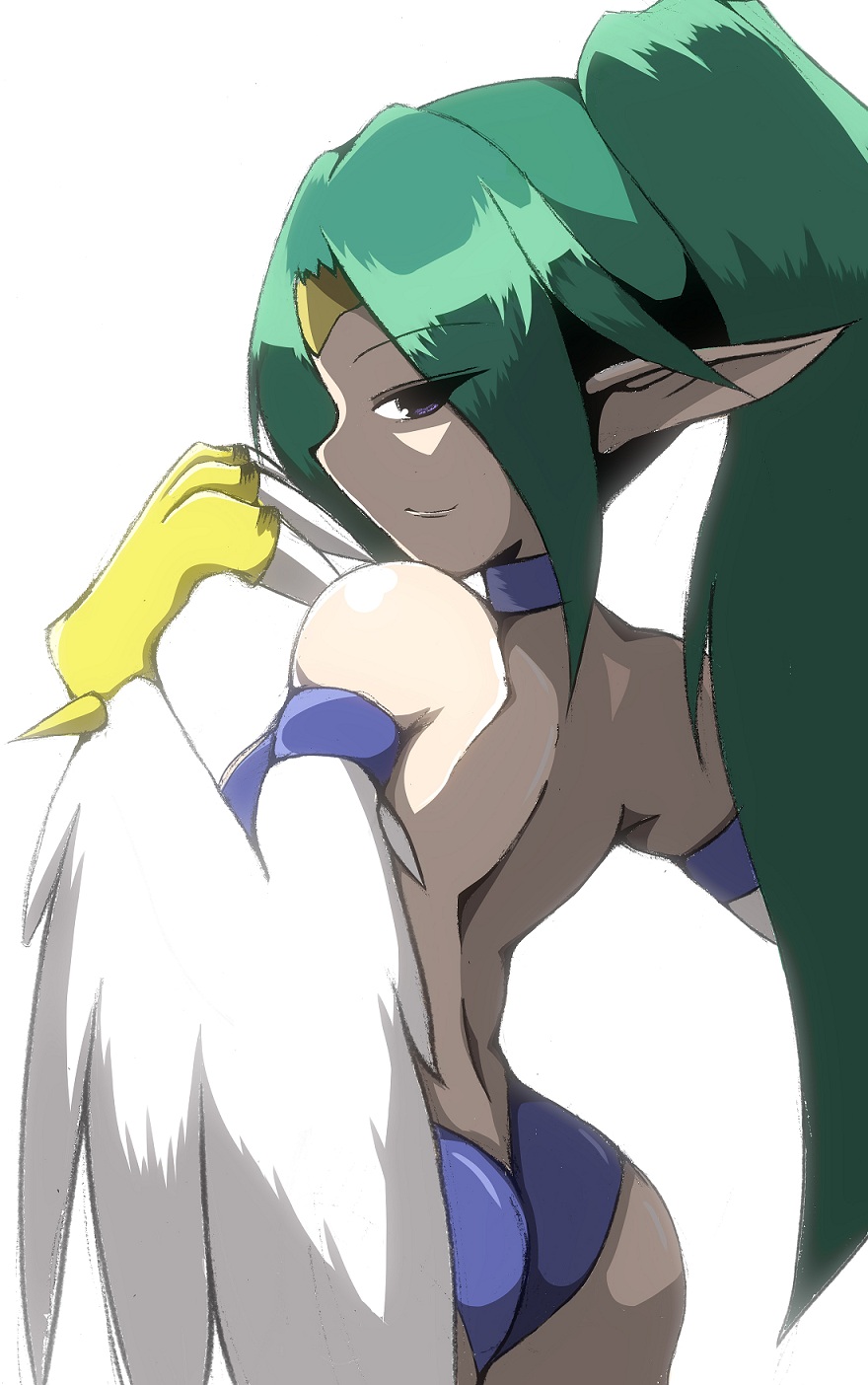 1girl, ass, bare_shoulders, blue_eyes, duel_monster, feathers, from_behind, green_hair, harpie_queen, harpy, highres, kairi69jp, long_hair, looking_back, monster_girl, pointy_ears, ponytail, sideways_mouth, simple_background, smile, solo, talons, white_background, white_feathers, white_wings, wings, yu-gi-oh!, yuu-gi-ou, yuu-gi-ou_duel_monsters