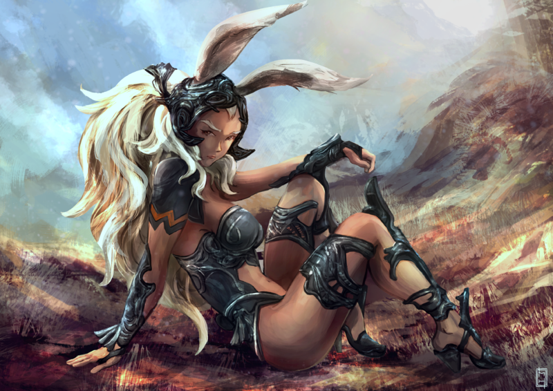 1girl, animal_ears, armor, bracer, breasts, brown_eyes, commentary, completion_time
