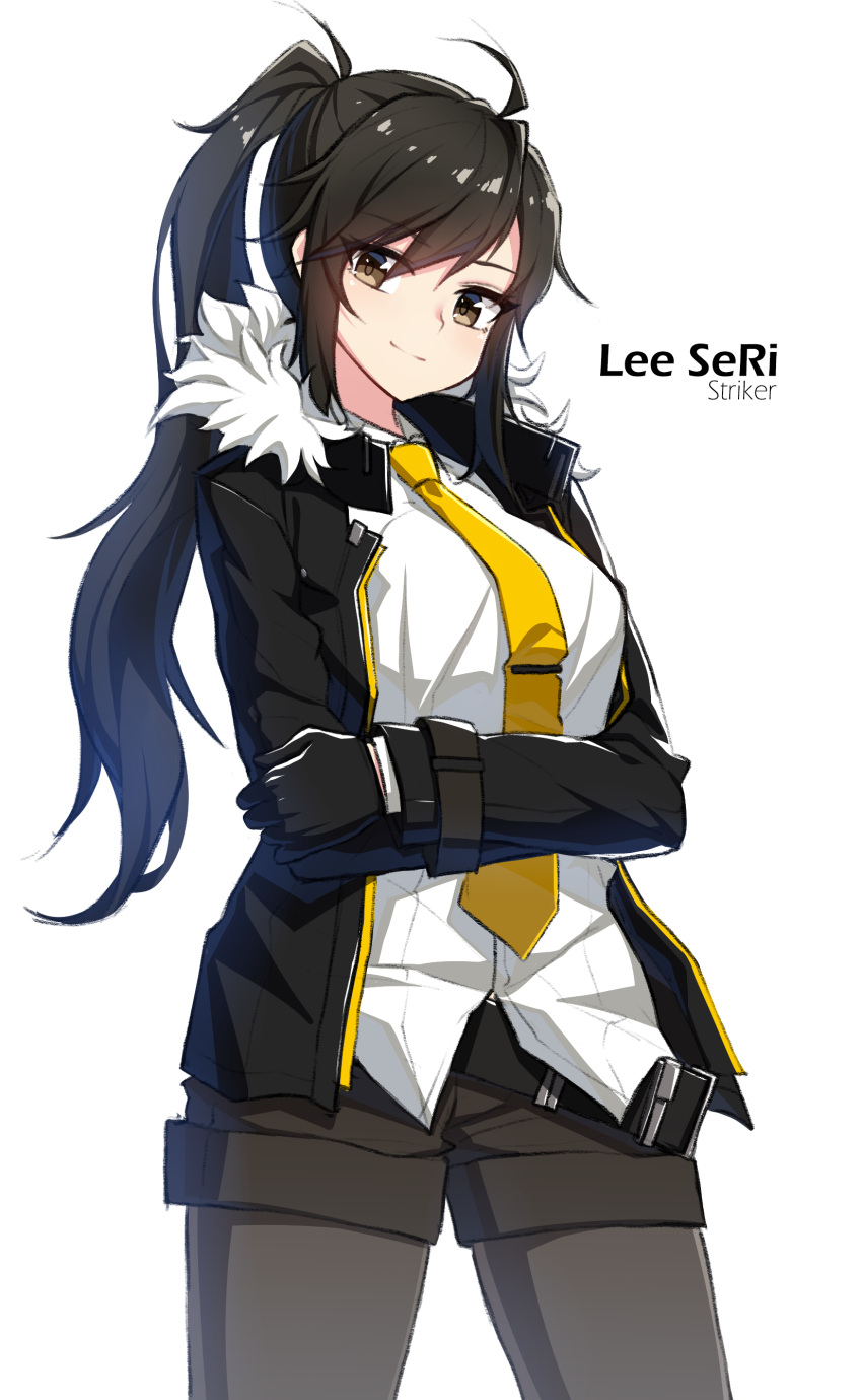 1girl, absurdres, ahoge, belt, belt_buckle, black_eyes, black_jacket, black_legwear