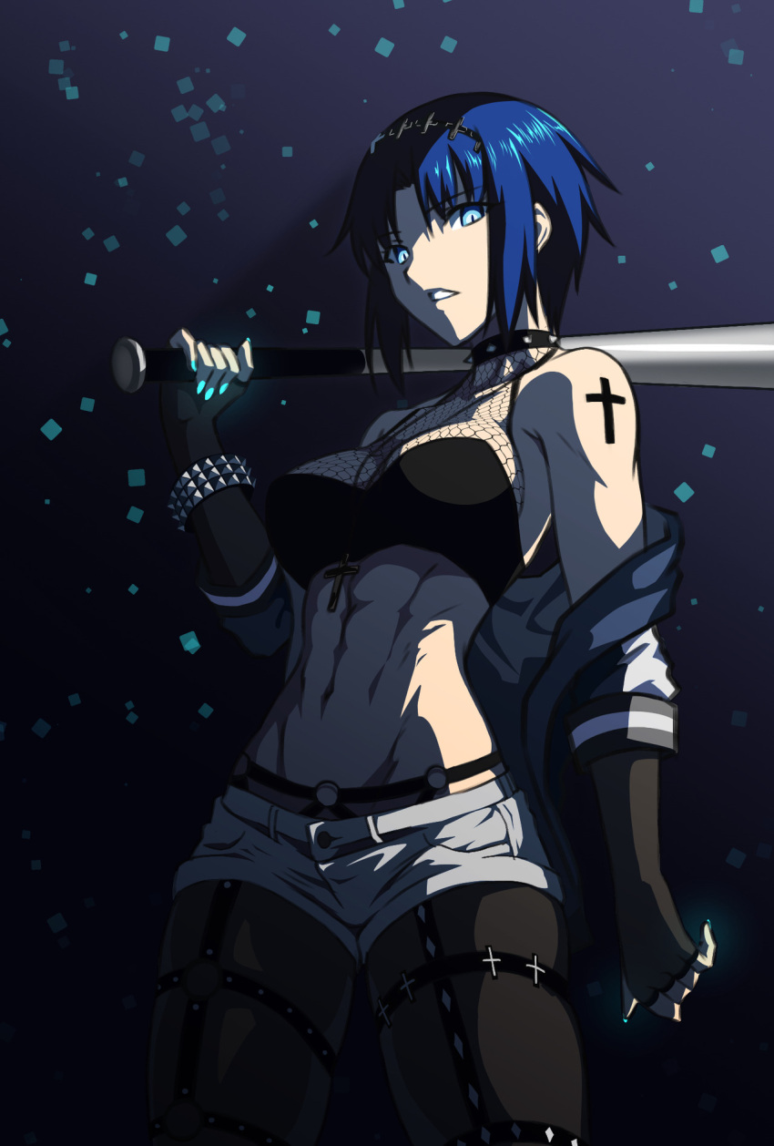 1girl, abs, alternate_costume, aqua_nails, baseball_bat, blue_eyes, blue_hair, breasts