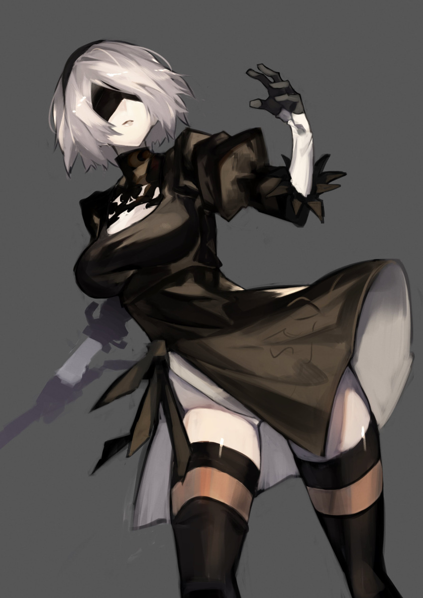 1girl, absurdres, ass, balance_(superdust), black_dress, black_legwear, blindfold, boots